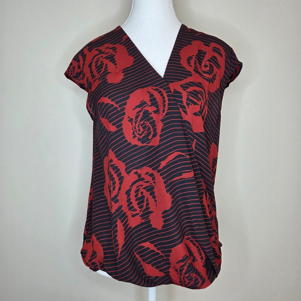 Nordstroms‎ Halogen Womens Red Black Rose Stripe V-Neck Draped Blouse Small
